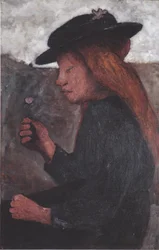 Seated Girl with Black Hat and Flower in Right Hand